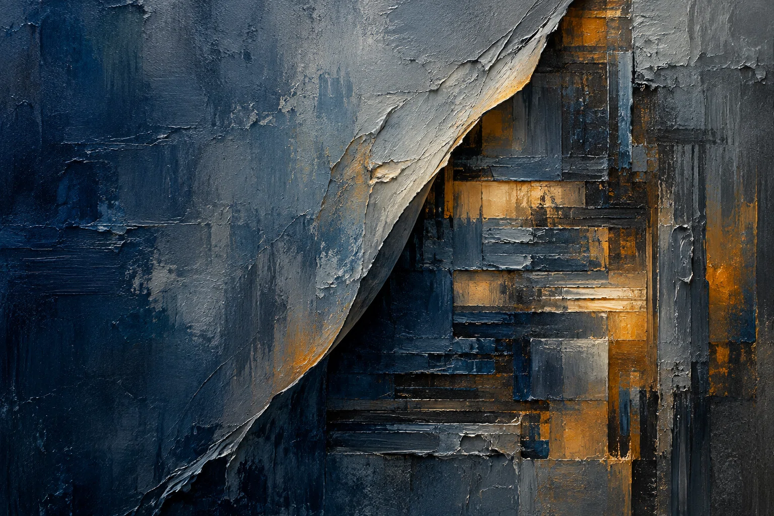 A slate-blue surface peels back to expose contrasting geometric layers lit with amber.