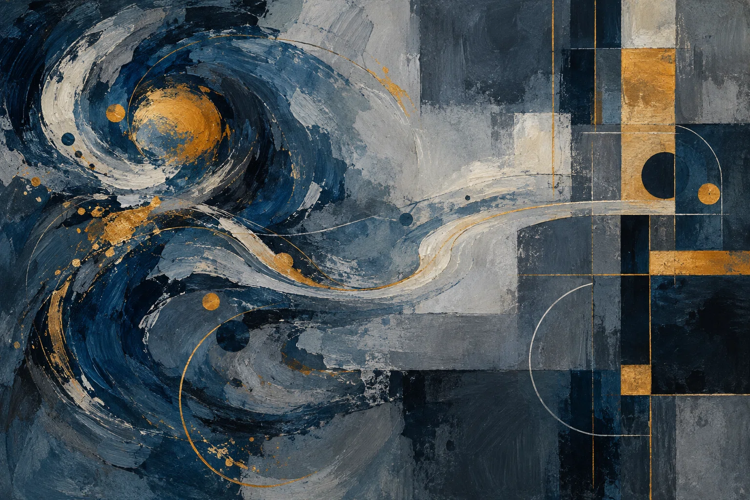 Loose blue and amber swirls flow alongside an ordered grid of rectangles and circles.