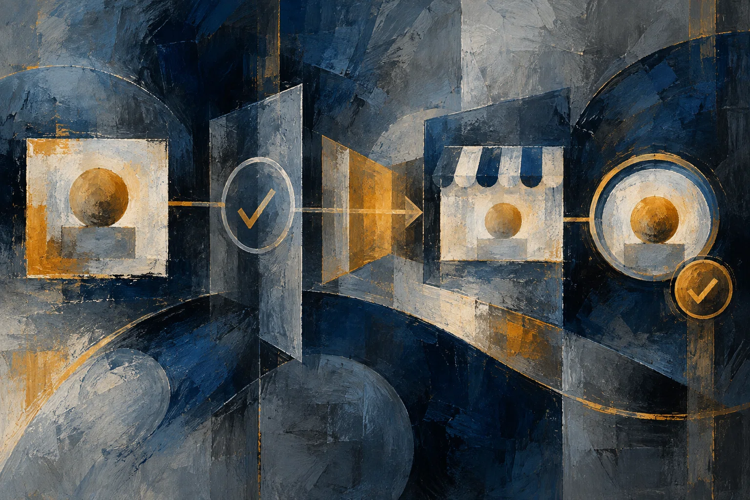 An amber sphere passes through a checked panel into a stylized storefront, followed by a second inspection.
