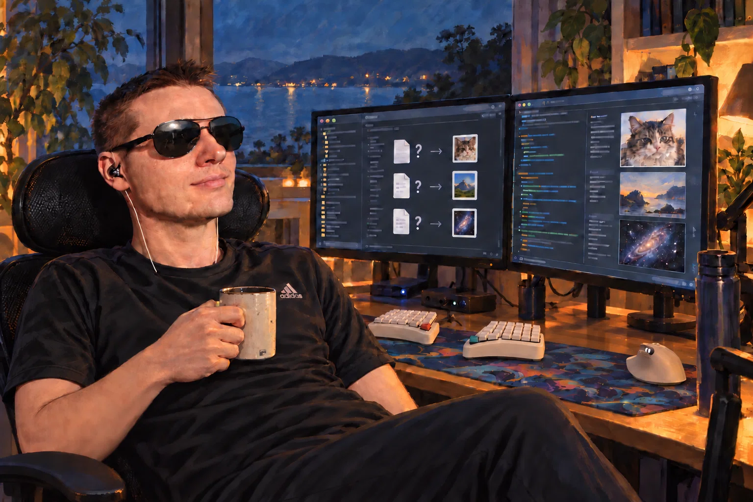 Igor relaxes with a mug at his two-monitor desktop setup, with a split keyboard and the bay outside.