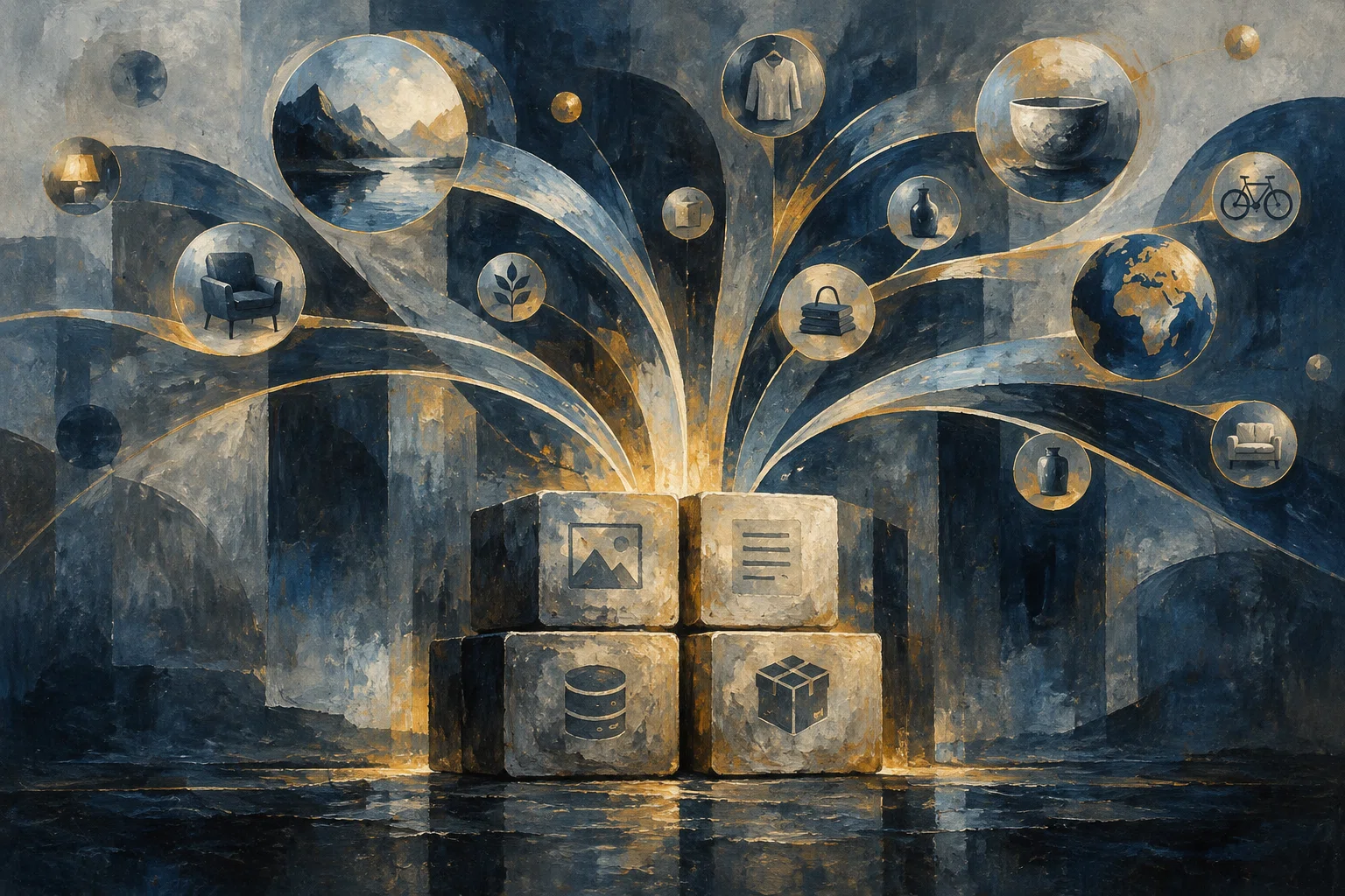 Four foundation blocks support branching ribbons that connect varied product and image motifs.