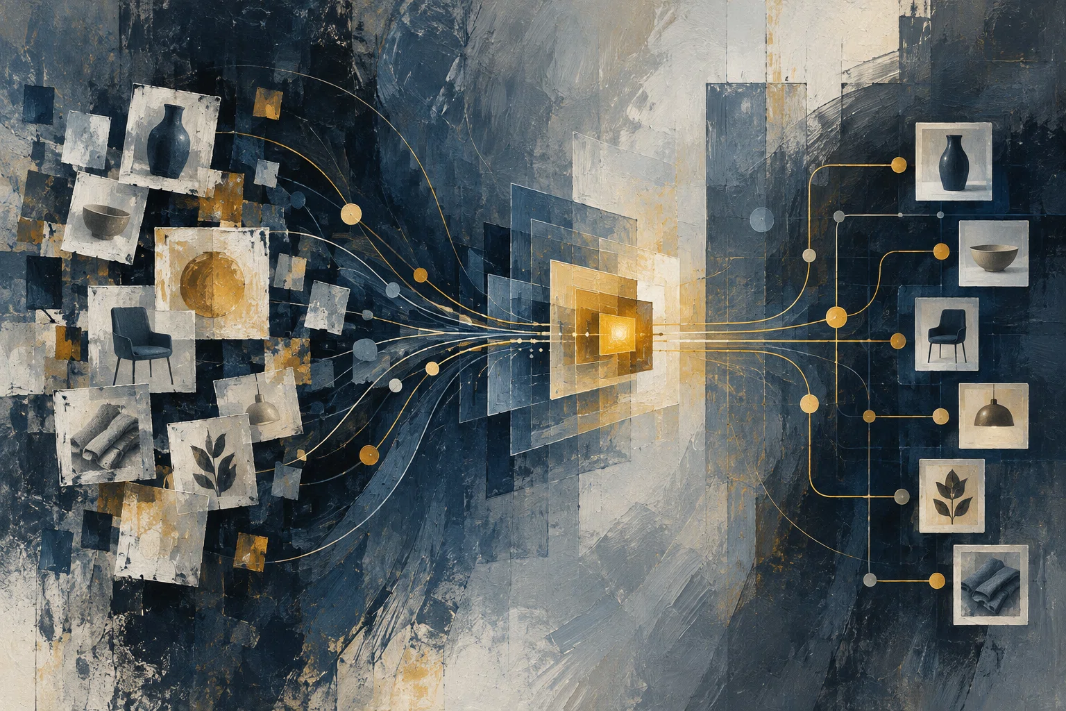 Product-image fragments converge through layered panels and emerge as an ordered network of connected images.