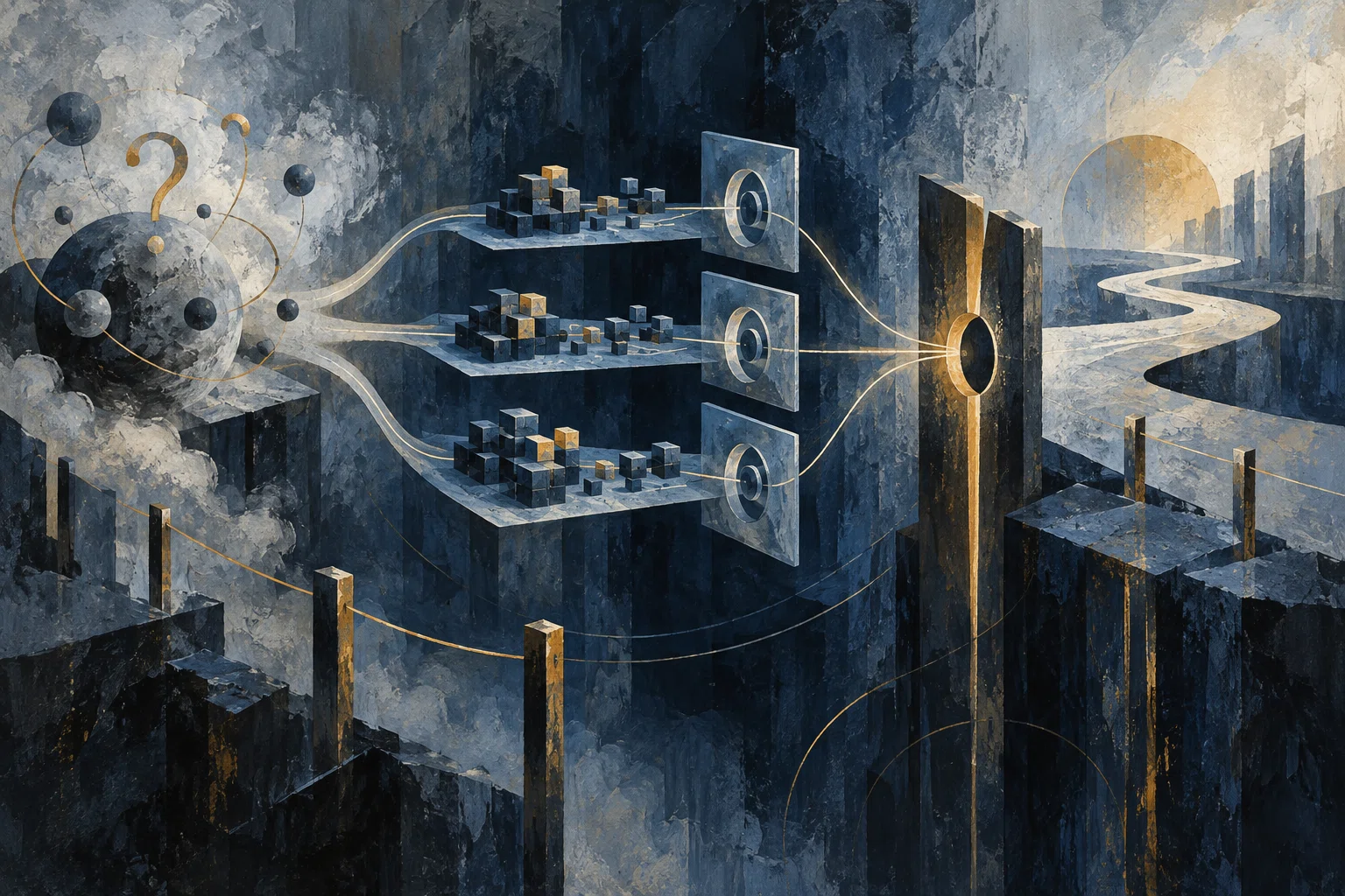 Three isolated platforms of blocks pass through separate inspection panels before meeting at one final gate.
