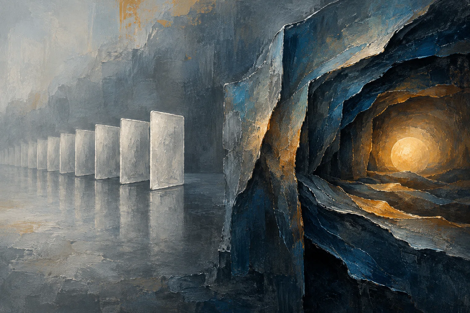 A row of repeated pale panels contrasts with deep irregular layers surrounding an amber core.