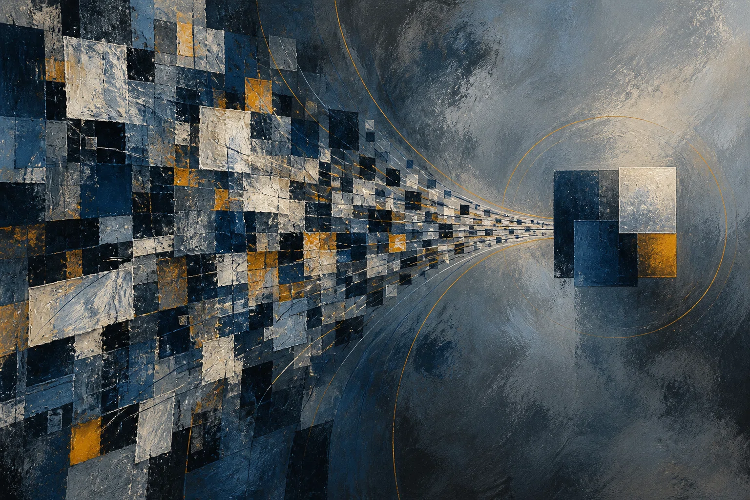A textured field of blue and grey fragments narrows into a compact cluster of shapes with amber accents.