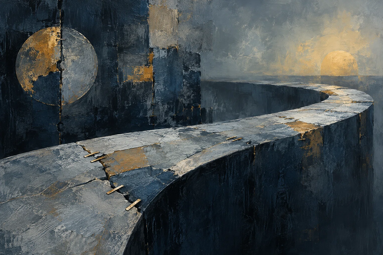 Gold repairs join cracks in a curved slate path leading toward a soft amber light.
