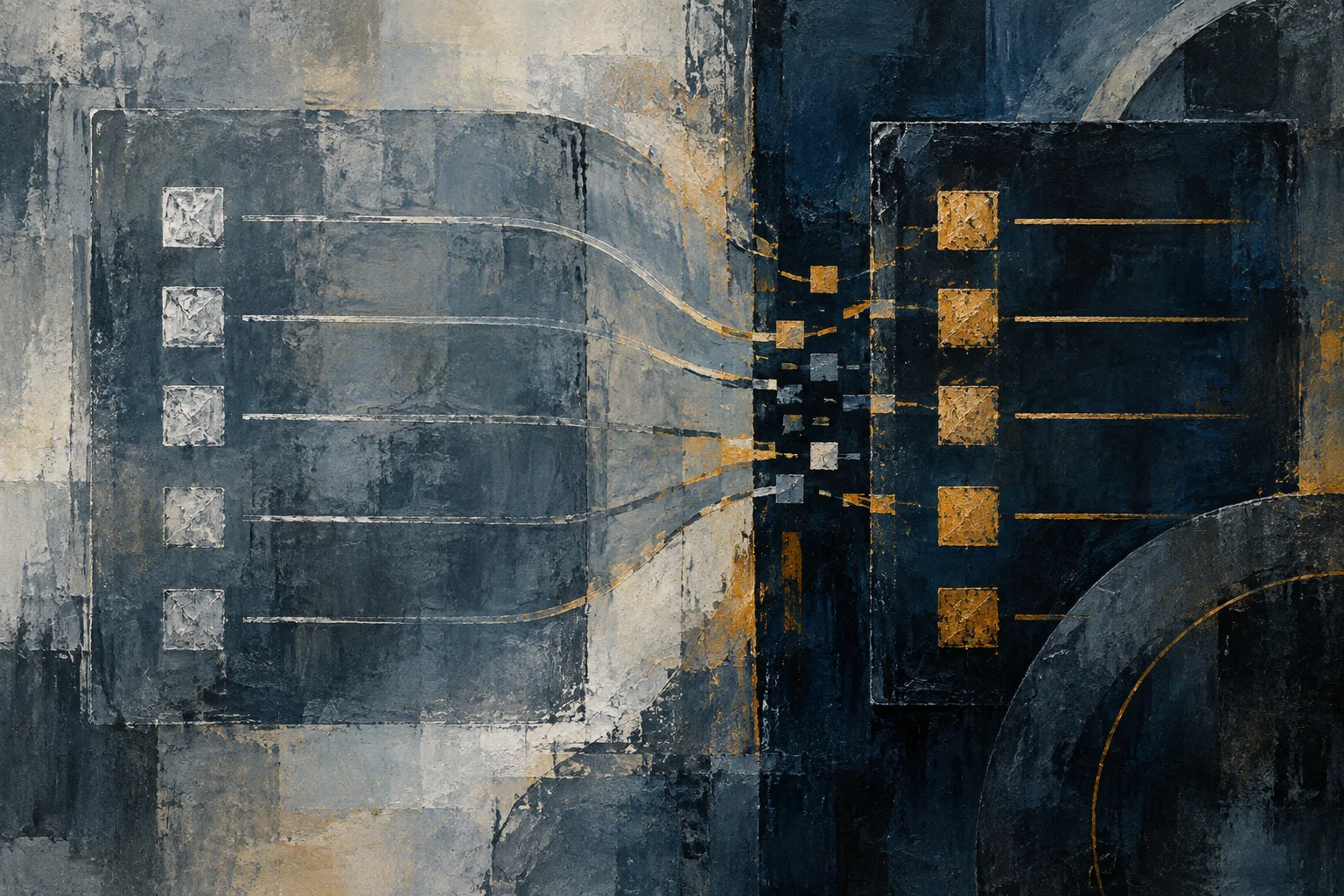 Two contrasting panels of checked rows are joined by lines that fragment between them.