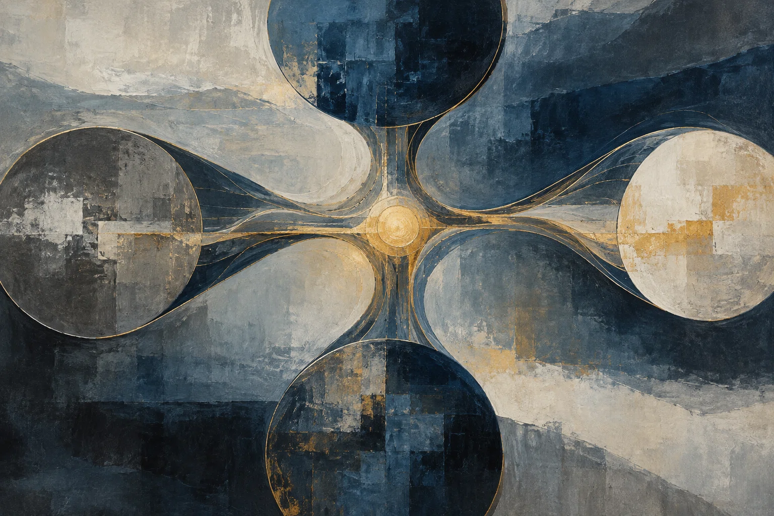 Four large textured circular forms connect through fine gold lines to a small amber centre.
