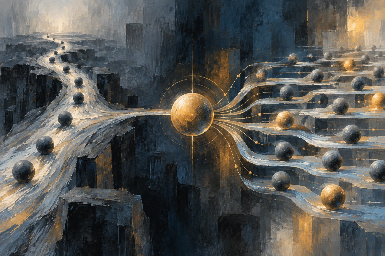 A single path of spheres meets an amber hub that connects to many parallel paths.