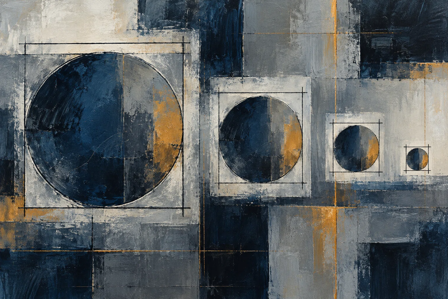 The same blue and amber circle appears at four sizes, each surrounded by fine measurement marks.