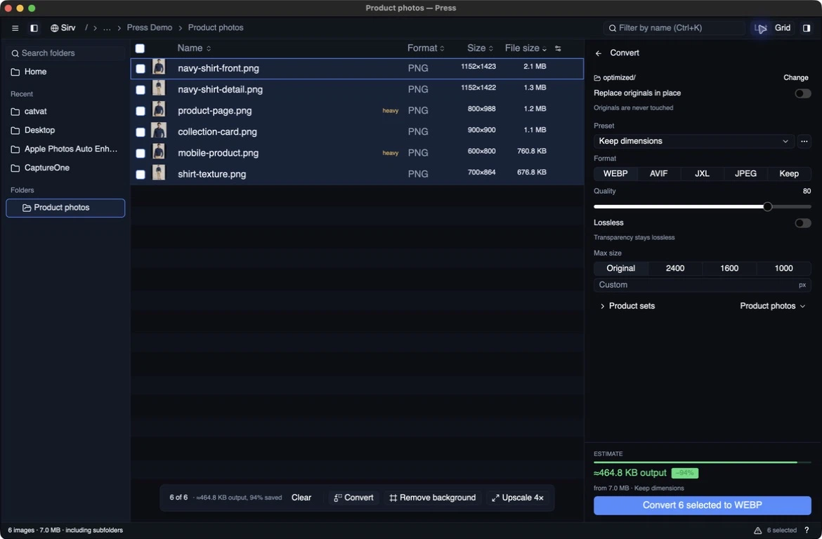 Press 0.6.6 showing six selected product-photo exports beside the folder sidebar and conversion settings