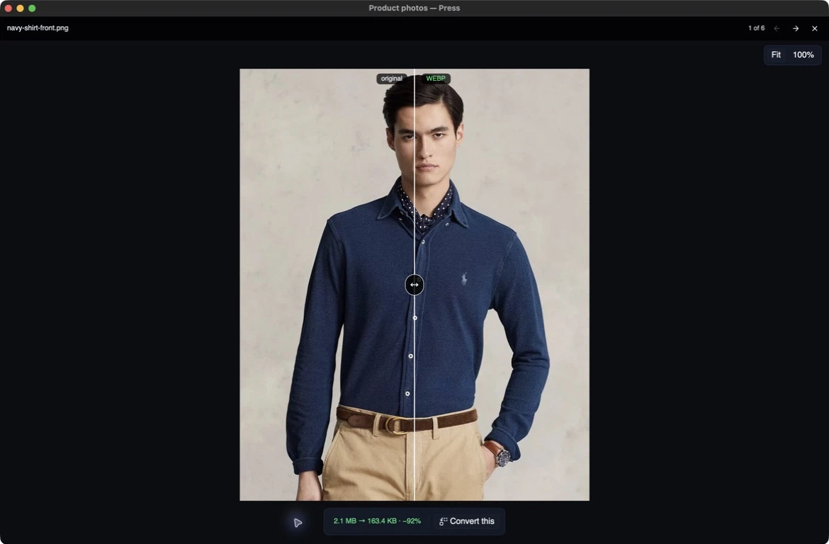 Press 0.6.6 comparing a product photo with its WebP preview, captured on September 8, 2026