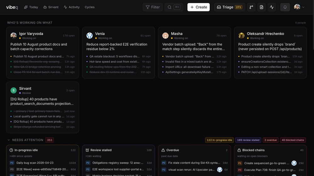 VibeQ overview showing active work, attention signals, and human-agent activity